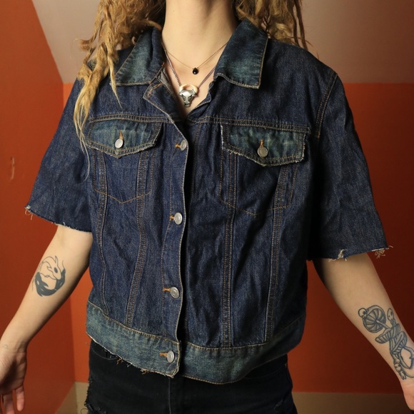 Denim Distressed Custom Jean Jacket Cactus Patch Short Sleeve Button Down Petite - Picture 3 of 5